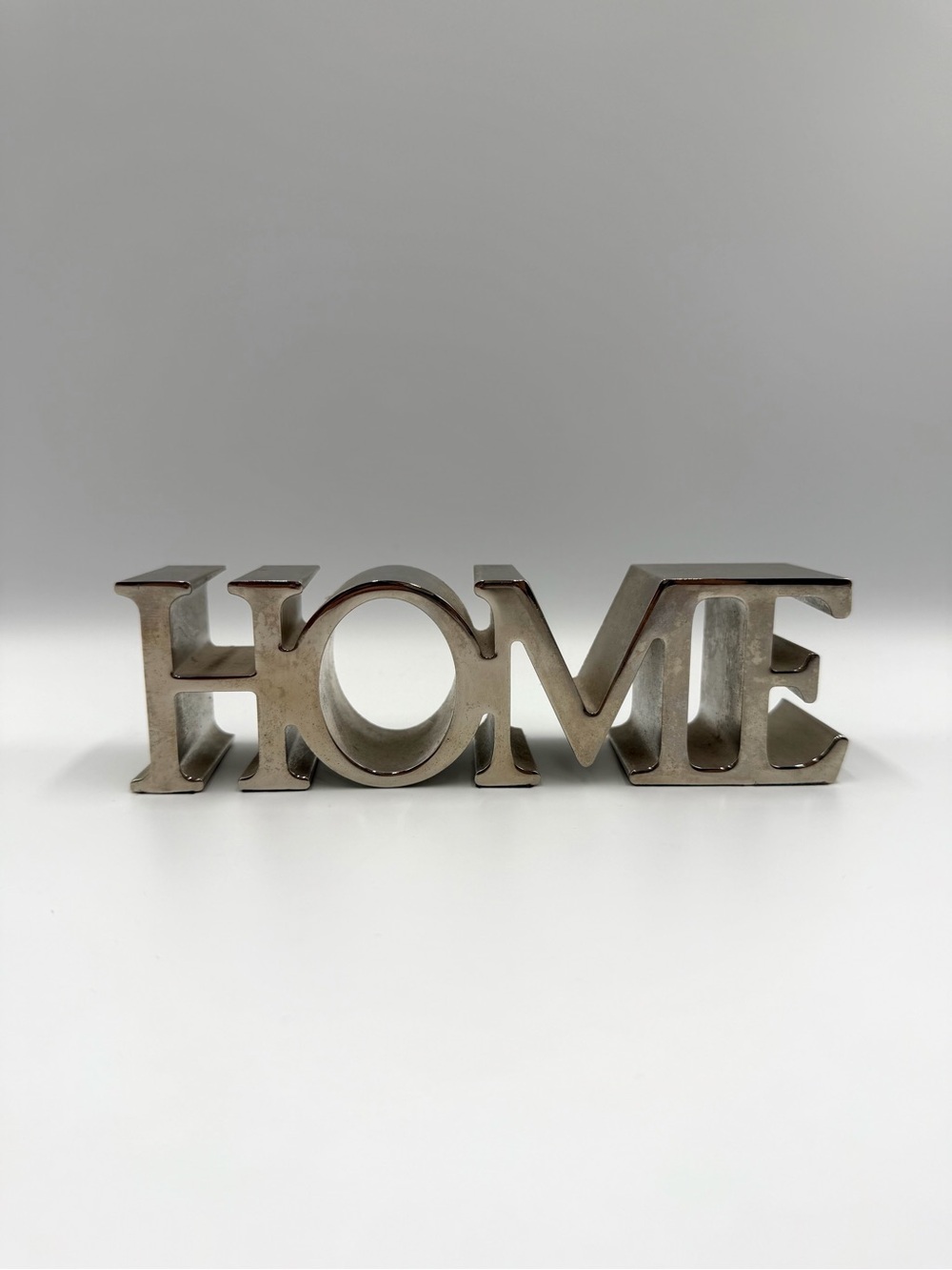 “HOME” Metal Decor – Silver-Tone Modern Minimalist Shelf Accent